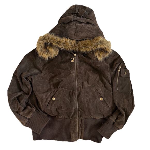 Baby Phat Sued Bomber Jacket Women XXL Brown Removable Faux Fur Liner Y2K VTG - Picture 1 of 13